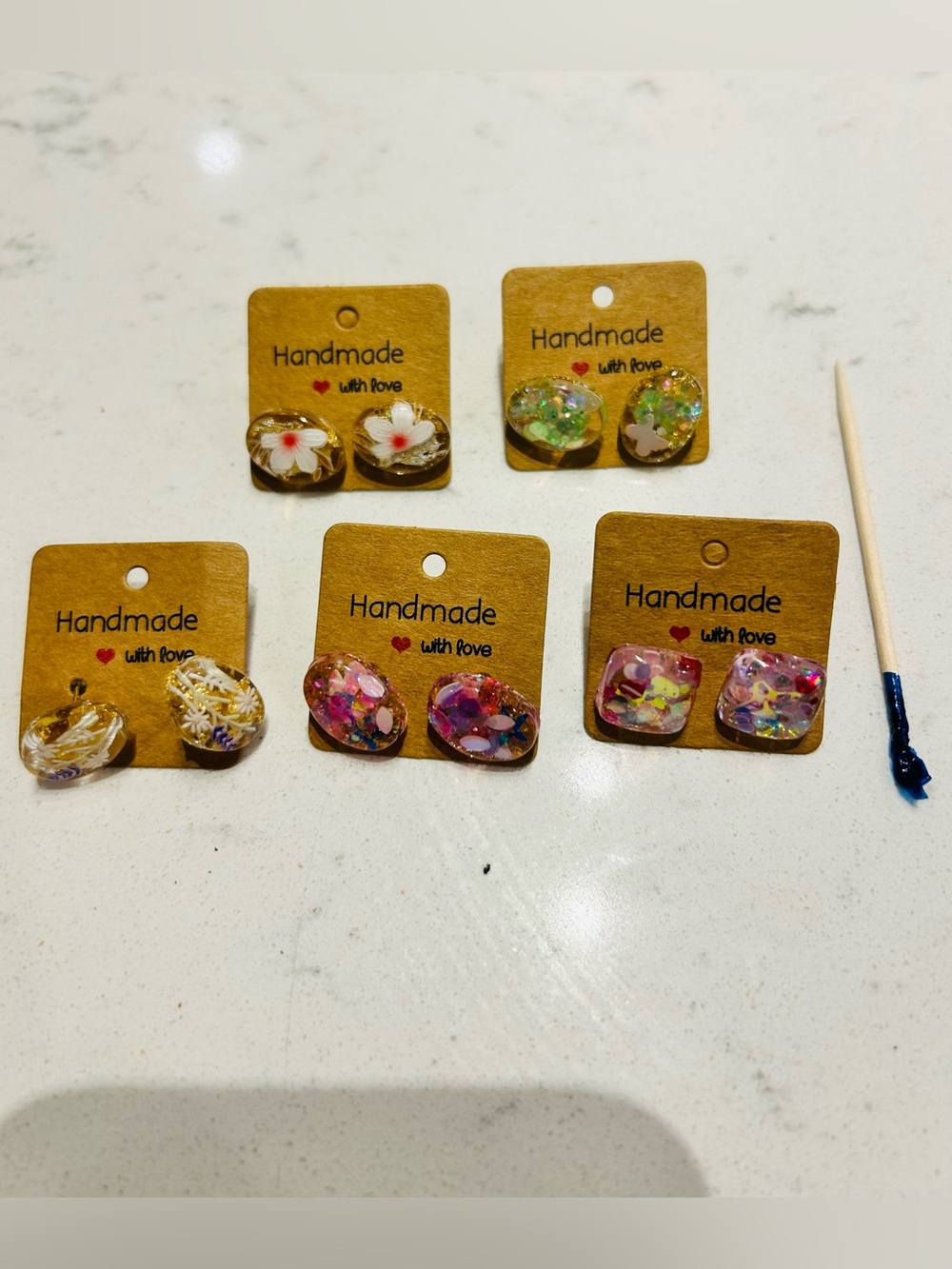 Handmade Floral & Glitter Stud Earrings - Pink, White, Green, Gold